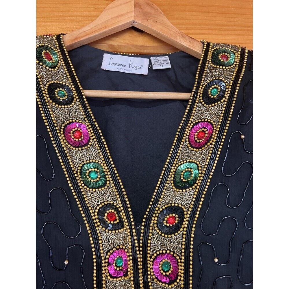 Vintage Laurence Kazar New York Beaded Jacket M Black & Gold With Multicolored - Picture 3 of 7
